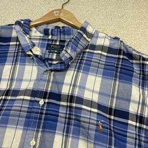 Polo Ralph Lauren Shirt Men 3XB Blue Plaid Untucked Fit Short Sleeve Button Down